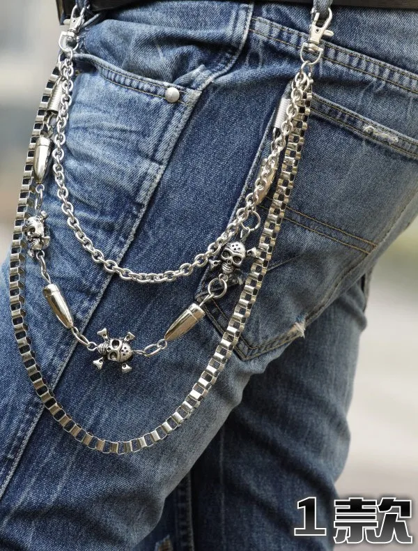 Mens Hip Top Punk Rock Jeans Pants Trousers Wallet Waist Chain Men's Skull Ghost Head Metal Chains Two Strands Biker Keychain