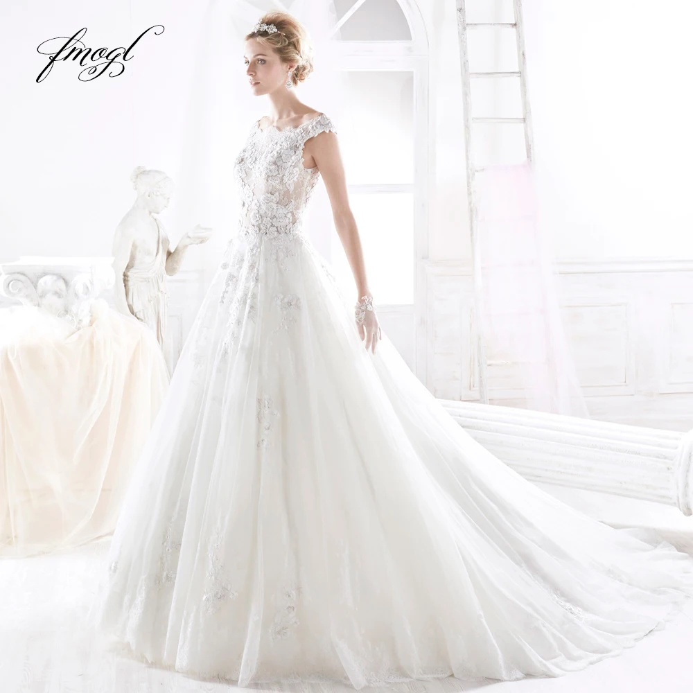 Fmogl Vestido De Noiva Винтаж кружево свадебное платье 2019 Совок средства ухода за кожей шеи аппликации бисером суд Поезд Кнопка Линия невесты