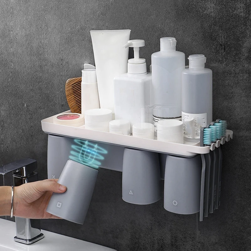 

Magnetic Adsorption Inverted Toothbrush Holder with Cup Wall Mount Makeup Toothpaste Bathroom Storage Bathroom Accessories Set
