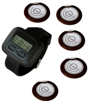 

Wholesale cheap waiter paging system,restaurant wireless system,5pcs super thin flying saucer pager bell+1pc watch/wrist pager
