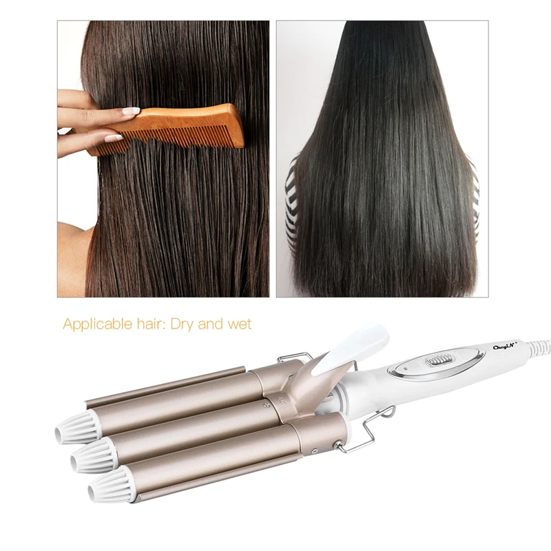 Professional Electric Hair Waver Wave Curler Ceramic Anti-Scald Hair Curling Iron 3 Barrel Clamp Deep Wave Curler 110-240V S47