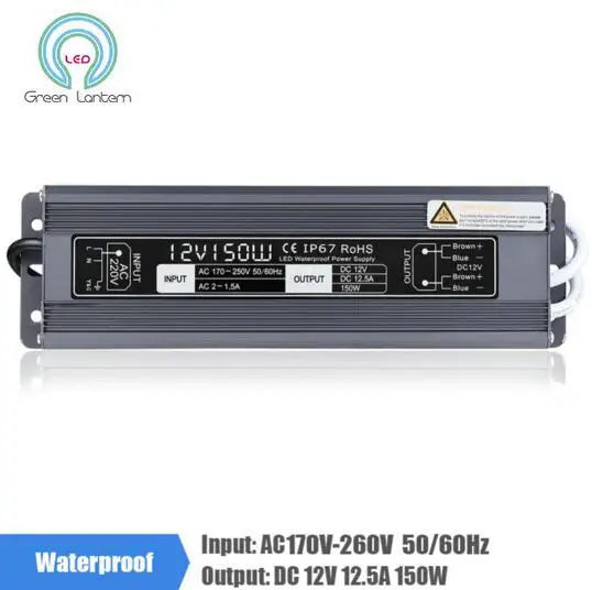 

12V 12.5A 150W 170-260V Lighting Transformer, Aluminum IP67 Waterproof LED driver Power Supply Adapter for LED Strip Lights