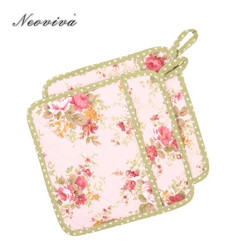 

Neoviva Cotton Quilting Pot Holders with Pocket, Set of 2, Floral Quartz Pink Heat Resistant Table Mat Napkins Hot Set de Table