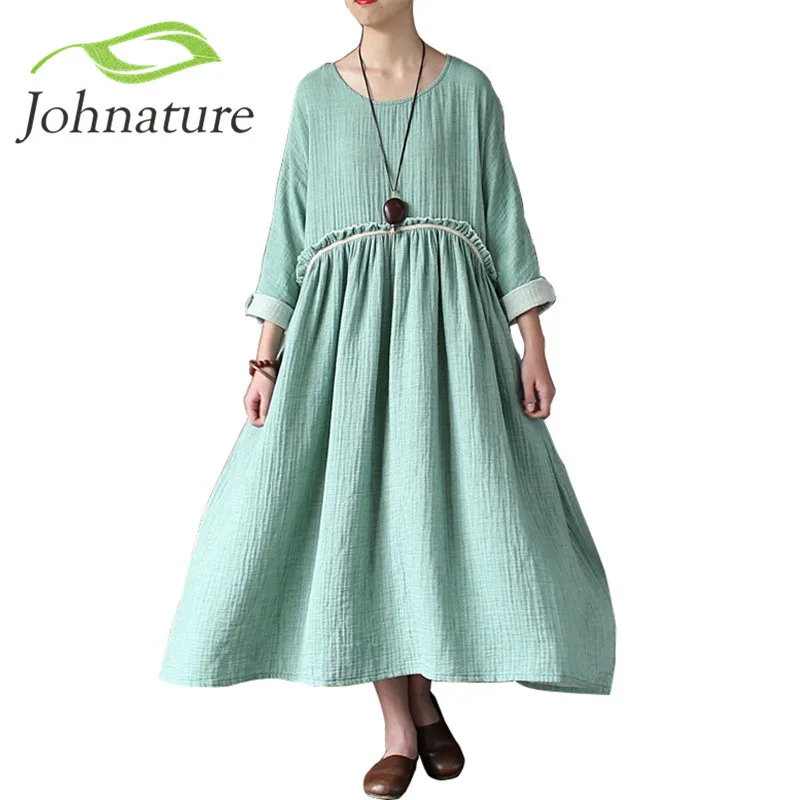 Женское винтажное платье Johnature повседневное теплое Хлопковое с длинным рукавом и
