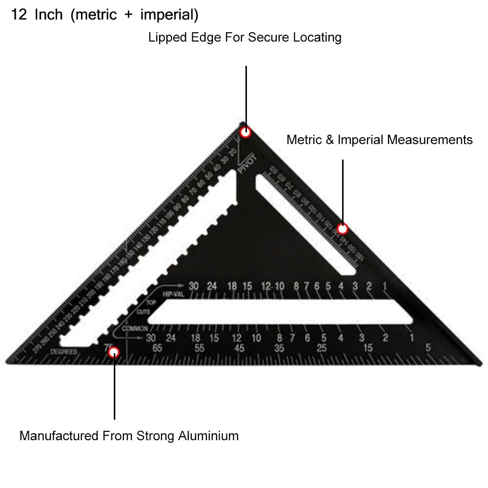 7/12 дюймов алюминиевый сплав черный треугольник линейка метрический дюймовый измерительный инструмент линейка для деревообработки Угол транспортир высокой точности