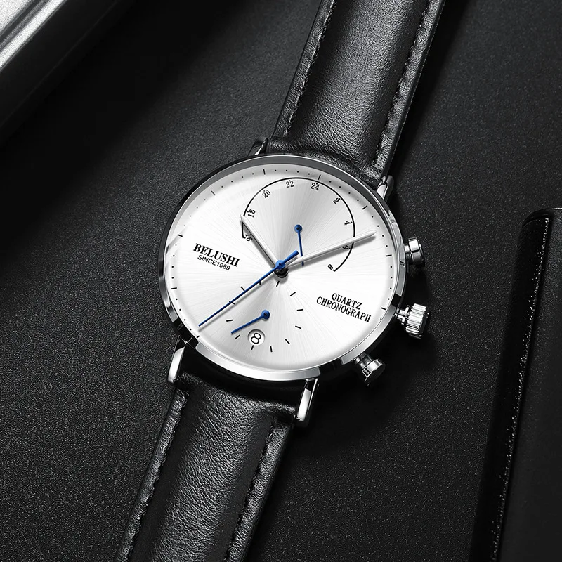 Мужские водонепроницаемые часы с кожаным ремешком, тонкие кварцевые повседневные деловые мужские наручные часы от ведущего бренда Belushi, мужские часы, Мода - Цвет: 537 Leather Sliver W
