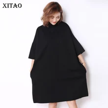 [XITAO] Korea New Autumn Casual Women Turtleneck Above Knee Dress Female Half Sleeve Solid Color Pullover Dress GWY2464