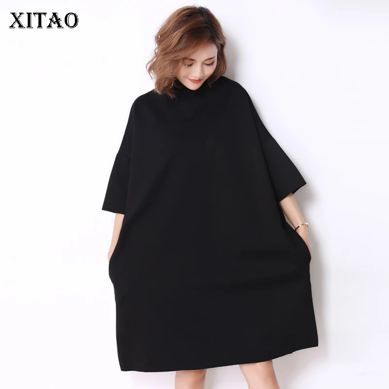 

[XITAO] Korea 2018 New Autumn Casual Women Turtleneck Above Knee Dress Female Half Sleeve Solid Color Pullover Dress GWY2464