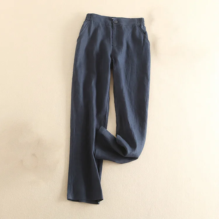 

Summer Elastic Waist Cotton Linen Loose Women Solid Color Straight Pants New Casual High Quality Trouser