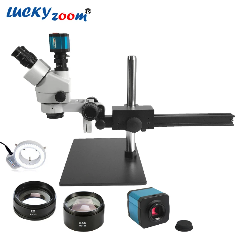 Lucky Zoom Brand 3.5X-90X STL8 single boom guide stand Stereo Zoom trinocular Microscope 14MP Camera 144pcs LED Ring Light