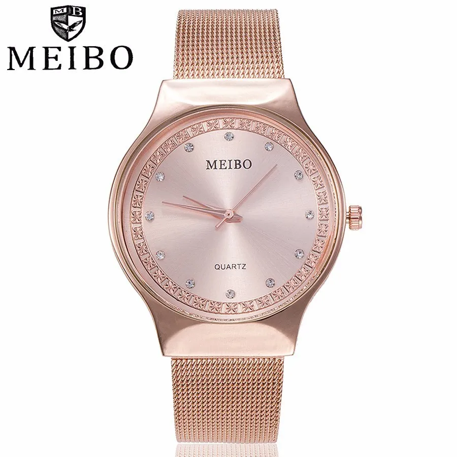 

Fashion Women Rose Gold Rhinestone Quartz Watches MEIBO Brand Casual Ladies Stainless Steel Mesh Watches Relogio Feminino