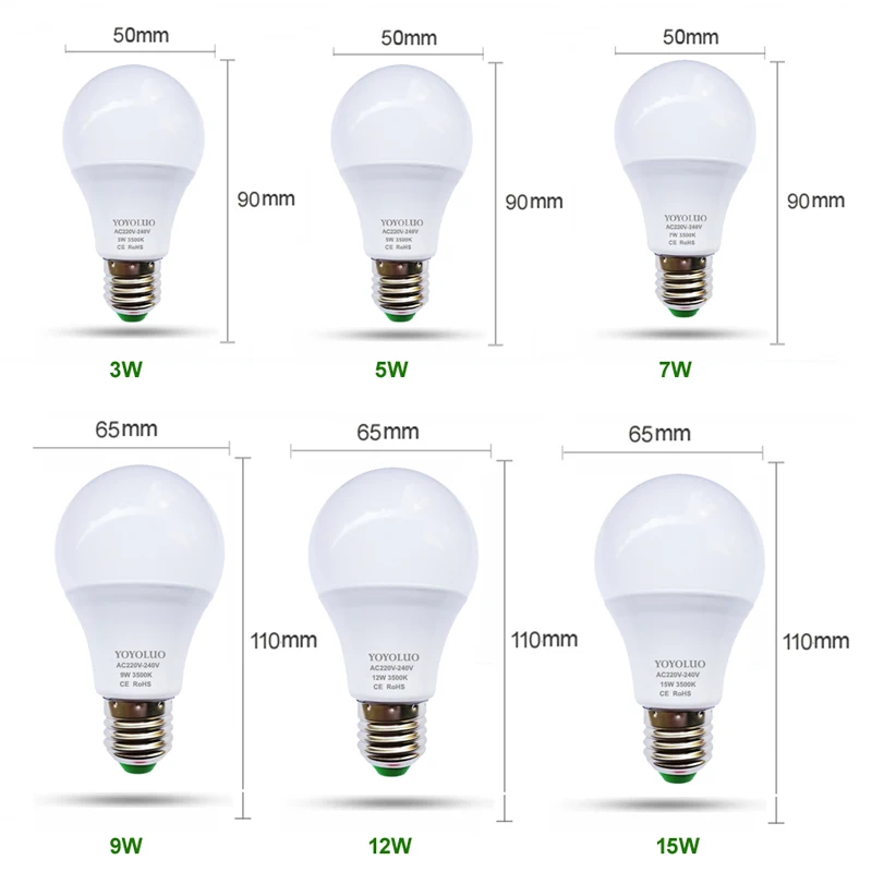 [YOYOLUO] реальная мощность светодиодный светильник 220В 220В 3 Вт 5 Вт 7 Вт 9 Вт 12 Вт 15 Вт светодиодный лампада ампулы Bombilla E27 E14 светильник с алюминиевым охлаждением