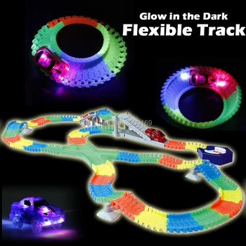 

DIY Slot Create A Road Glow race track Bend Flex Glow in the Dark Assembly Toy Flexible Track 166/225PCS with 5 Led light cars