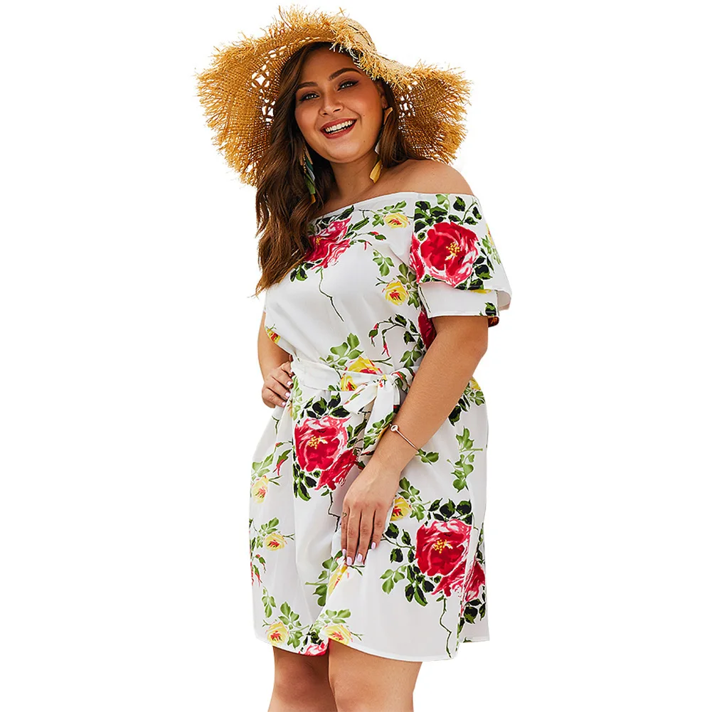 

Women Dress Plus Size Summer 2019 Floral Print Slash Neck Sexy Beach Dress with Belt XL-4XL Dropshipping 1246