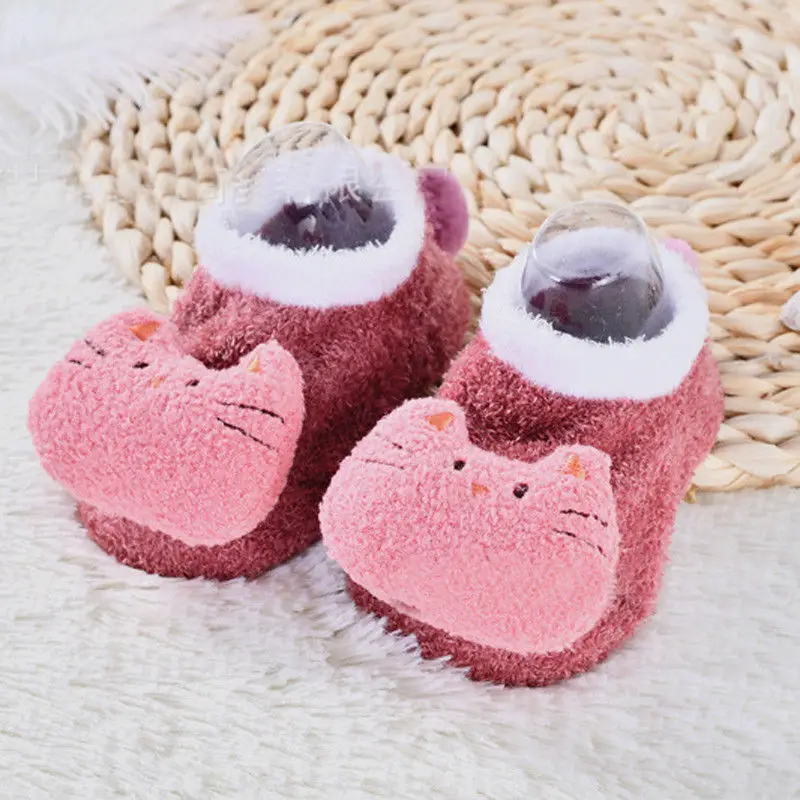 Милые теплые зимние плюшевые носки с мультяшными животными для детей 0-5 лет нескользящие носки для новорожденных мальчиков и девочек Тапочки - Цвет: Розовый