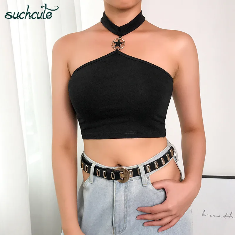 SUCHCUTE женская футболка короткий топ с лямкой через шею черный летний корейский ремень Harajuku Готический топ-труба для женщин темы рейв фестиваль