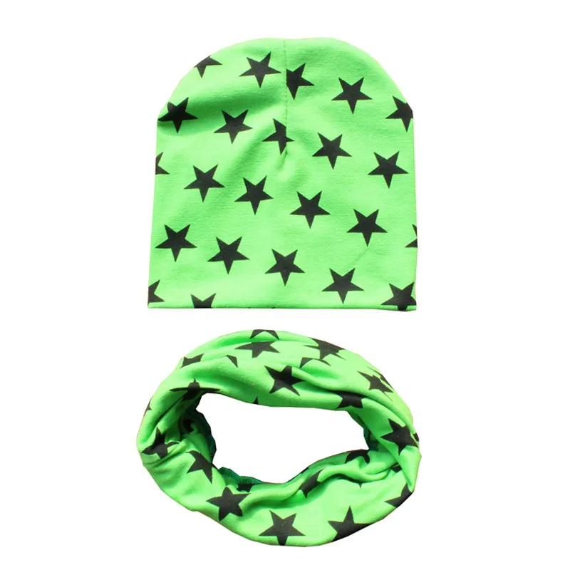 green stars Г. Весенний Детский комплект с шапкой, осенне-зимний шарф с воротником для мальчиков и девочек, теплый шейный платок, детские вязаные шапки, комплекты хлопковая детская шапка, шарф - Цвет: green stars