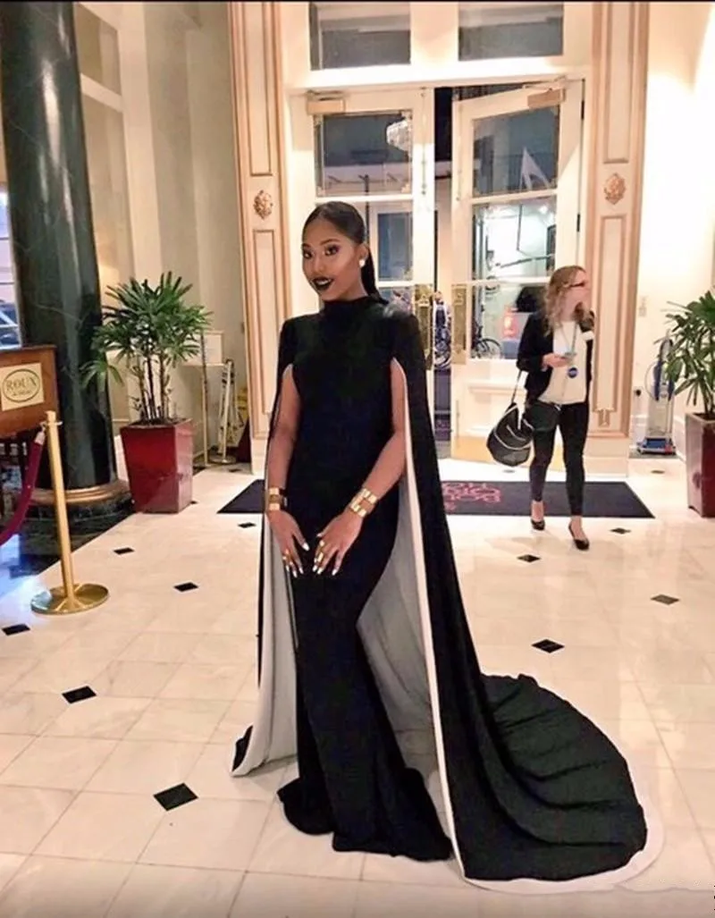 

Fashion Black High Neck with Cape Dubai Kaftan Dress Mermaid Evening dresses Long 2017 Formal Evening Gown Dress Robe de soiree