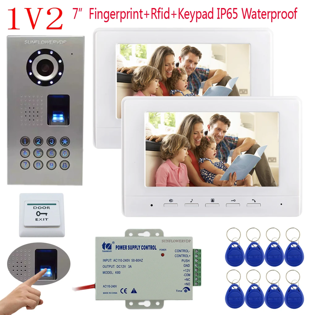 

Video Intercom For 2 Apartments Fingerprint And Keyboard Unlock HD Camera 7inch Color 2 Monitor For Doorphone IP65 Waterproof