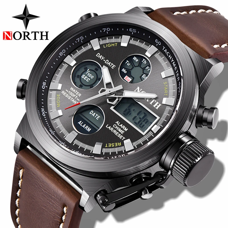 NORTH Лидирующий бренд Роскошные Кварцевые часы для мужчин s водонепроницаемый кожаный спортивный военный Повседневный светодиодный цифровой часы для мужчин подарок Relogio Masculino