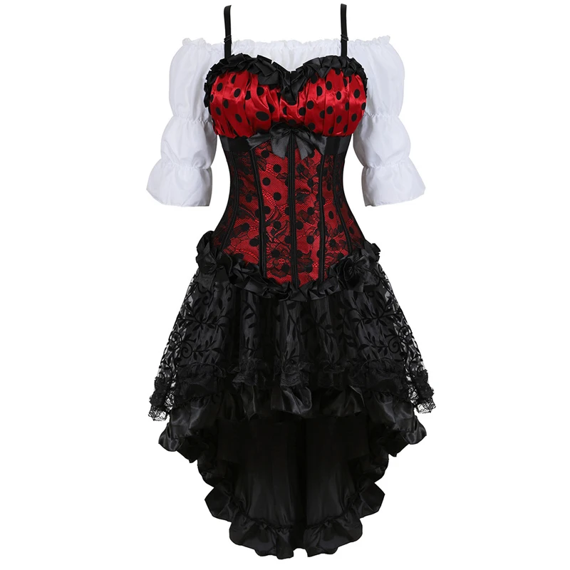 

bustier corset dress burlesque skirt set straps top corsets pirate lingerie plus size black three-piece korset sexy costume gow