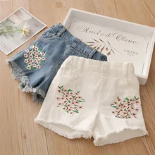 Специальное предложение, короткие джинсовые штаны с вышивкой для маленьких детей джинсы с дырками для девочек новые летние шорты с кружевами для детей, X426