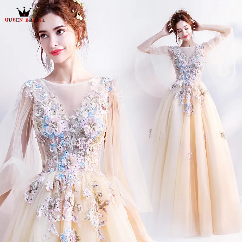 QUEEN BRIDAL Evening Dresses A line Appliques Flowers Beads Elegant Women Party Evening Gown