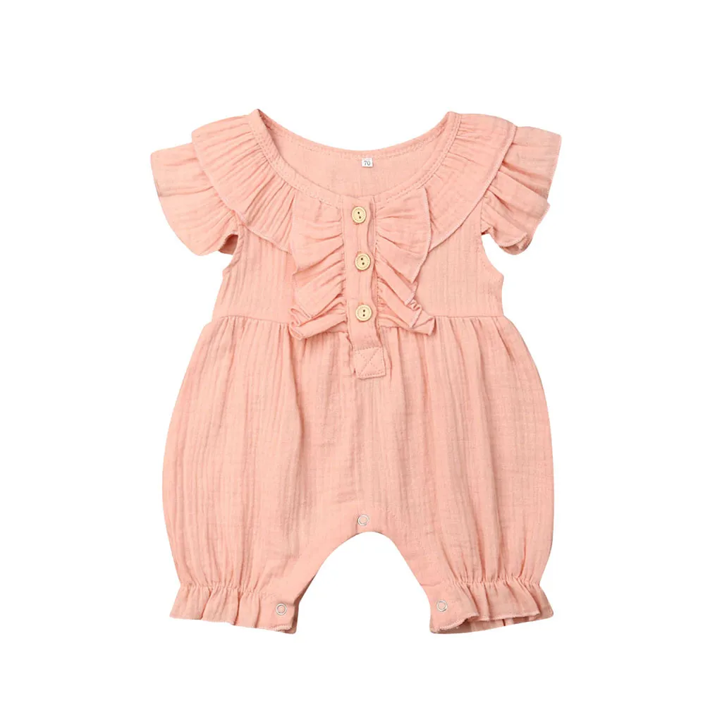 Summer Infant Baby Boys&Girls Fly Sleeve Ruffles Solid Romper Jumpsuit Clothes bebek tulum baby jumpsuit linen baby clothes - Цвет: Pink