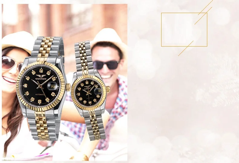 GUANQIN Lovers'Watches Luxury Couples Watch Man Women Pair Clocks Rhinestones Gold Date Mechanical Watch Sapphire Waterproof NEW (13)