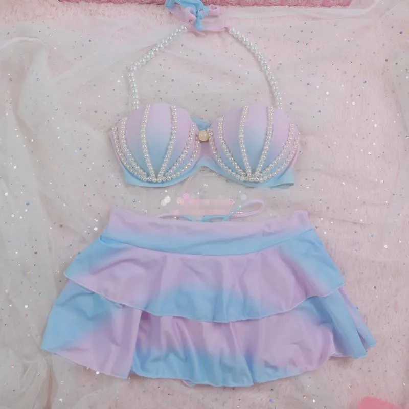 

2018 New Cute Mermaid Gradient Shell Bikini Beaded Swimsuit Beaded Bandage Sea Hot Spring two-piece Swimming Suit Free Shipping