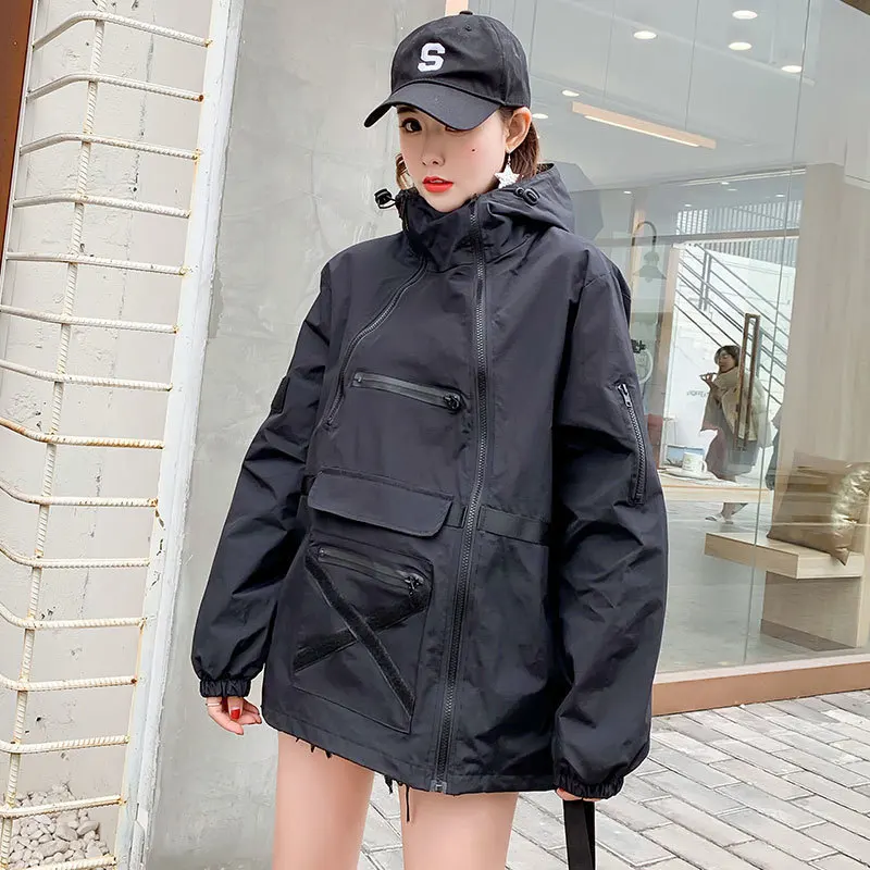 

Spring 2019 Black Loose Hood Harajuku Long Casual Hip Hop Jacket Windbreaker Women Bomber Jacket Streetwear Coat Ladies QH273