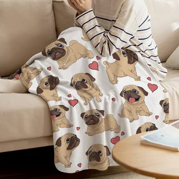 

BIGHOUSES Throw Blanket Pug Cute Heart Design Throw Blanket Cartoon Style Dramatic Gesture Warm Microfiber Blanket
