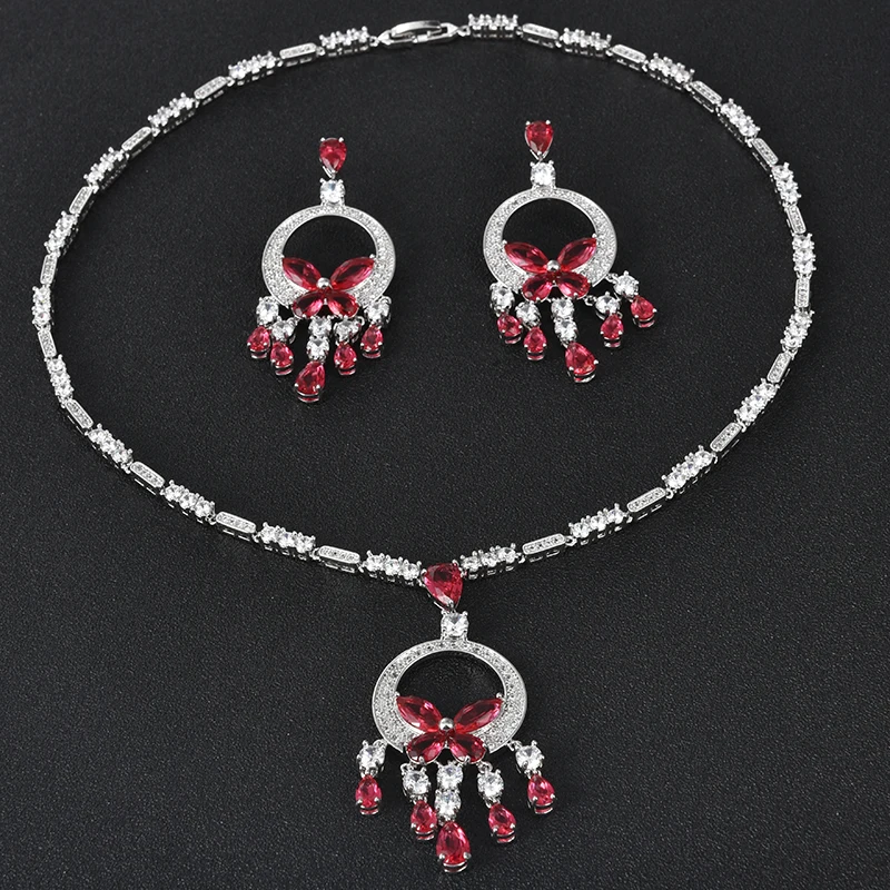 

Unique Butterfly Crystal Cubic Zirconia Setting Big Round Shape Earrings Bridal Jewelry Sets Elegant Dangle Earring For Women