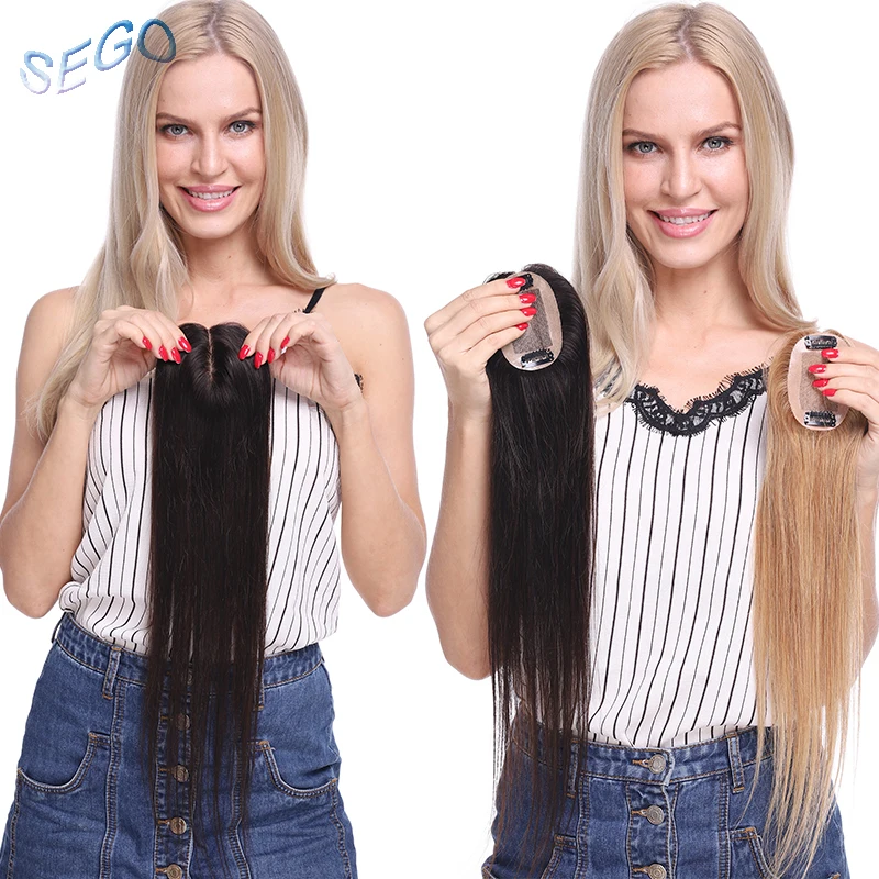 SEGO 12 inches Straight Silk Base Hair Topper Toupee For Women Natural Color Hair Piece Clip In Hair Extensions Non-Remy hair30G