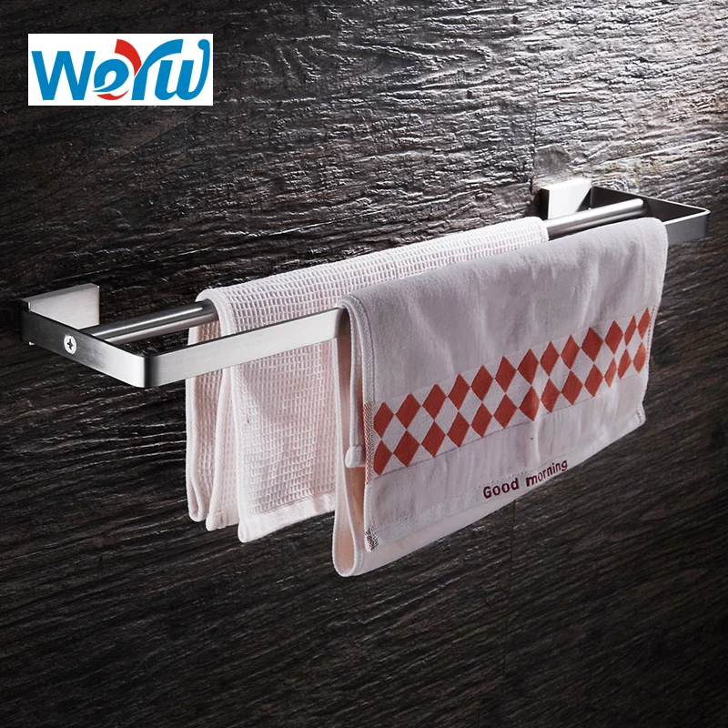 

WEYUU Bathroom Accessories Double Towel Bar 304Stainless Steel Wall-mounted Towel Rack Square Chassis Shelf Brushed Nickel