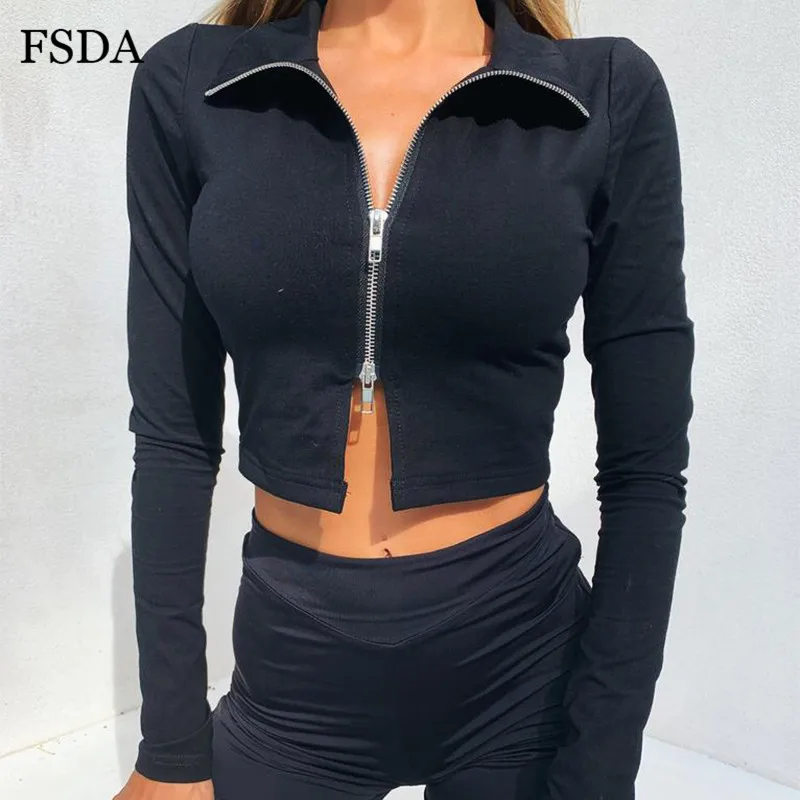 

FSDA Black White Zipper Crop Top V Neck Long Sleeve Short Women Casual Autumn Sexy Solid Black Party Streetwear Summer T Shirt
