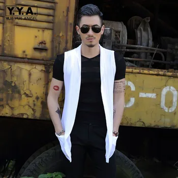 

New Japan Style Mens Casual Summer Sleeveless Medium Length Vests None Button Open Stitch Streetwear Male Waistcoats Plus Size