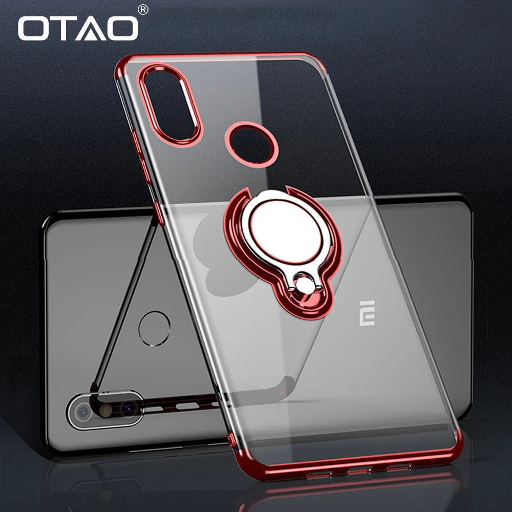 

OTAO Car Magnetic Holder Phone Case For Xiaomi Mi 8 Lite 8 SE Pro Max 3 Plating Transparent Cases Finger Ring Holder Cover Case