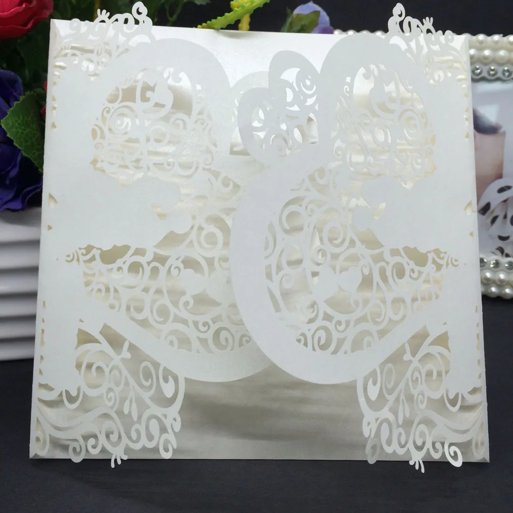 40 шт. нежное перламутровое Свадебное приглашение из бумаги с узором в виде сердца вырезанные ремесленные товары, карточка для свадебной вечеринки - Цвет: Beige