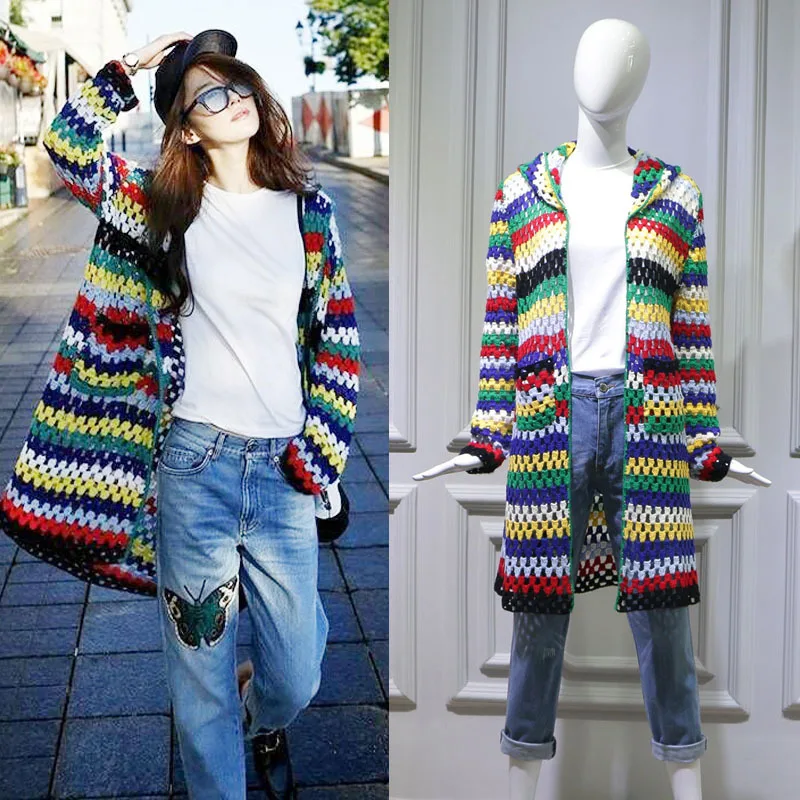 2019 Spring Dress Star Liu Yifei's Long Hooded Loose Cardigan In The Same Hollowed Sweater Cardigans Hooded Sweater Women