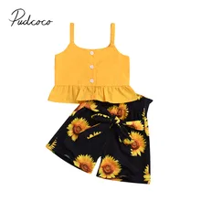 Г. Летняя одежда для малышей желтые топы без рукавов для маленьких девочек, футболка шорты в подсолнухами, штаны комплекты одежды из 2 предметов От 2 до 6 лет