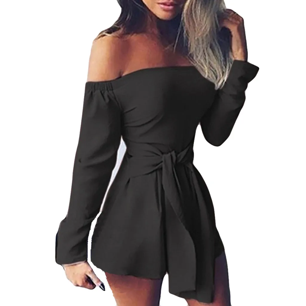 

Off Shoulder Long Sleeve Easy Playsuit with Sashes 4 colors Fashion Sexy Women Solid Bandage Short Jumpsuit club slim streetwear