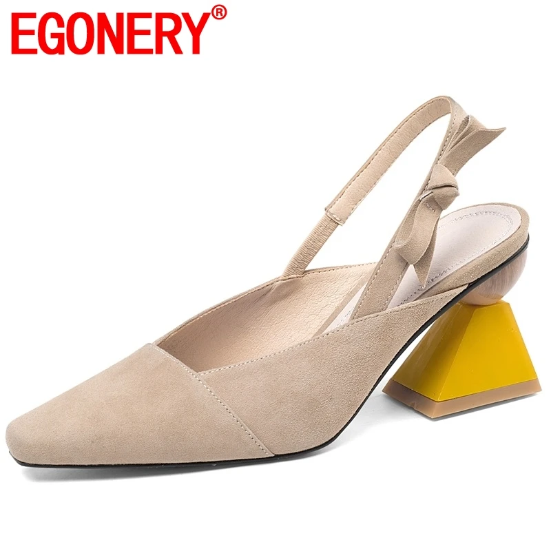 

EGONERY sweet Sheepskin genuine leather woman slingbacks pumps summer butterfly-knot strange style 7cm high heels wedding shoes