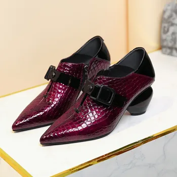 

MLJUESE 2020 women pumps patent leather autumn spring buckle strap pointed toe high heels lady shoes party dress size 34-42