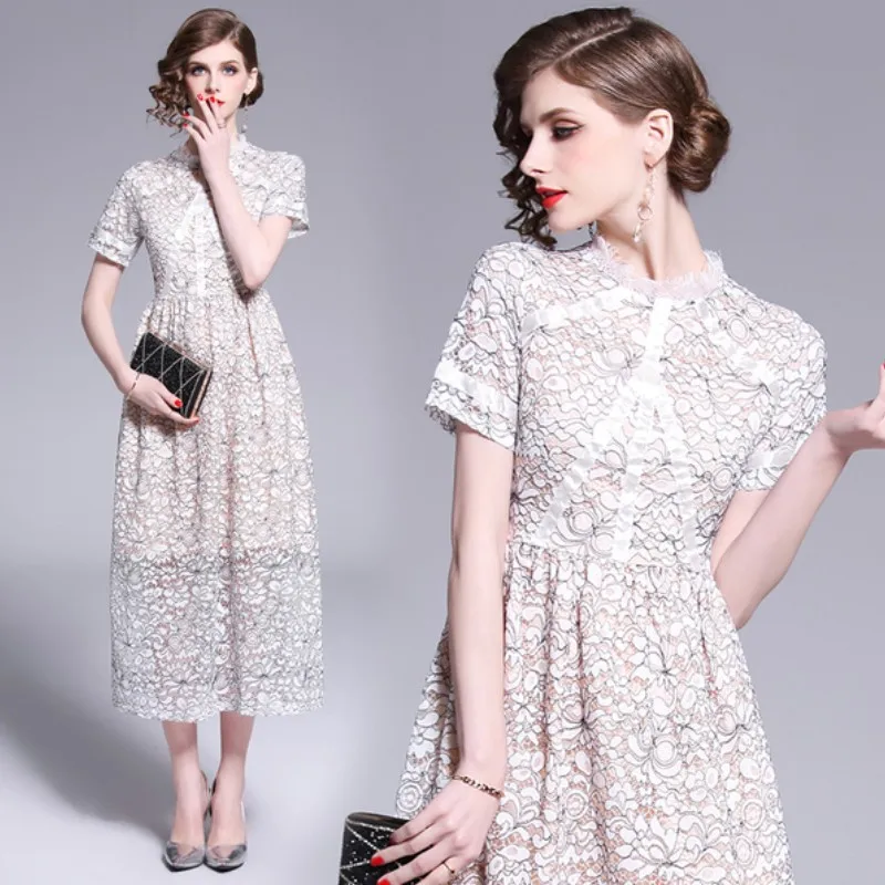 

LLZACOOSH 2019 Summer Flower White Lace Dress Patchwork Mesh Elegant Long Dress Women office Plus Size Dress Vestidos