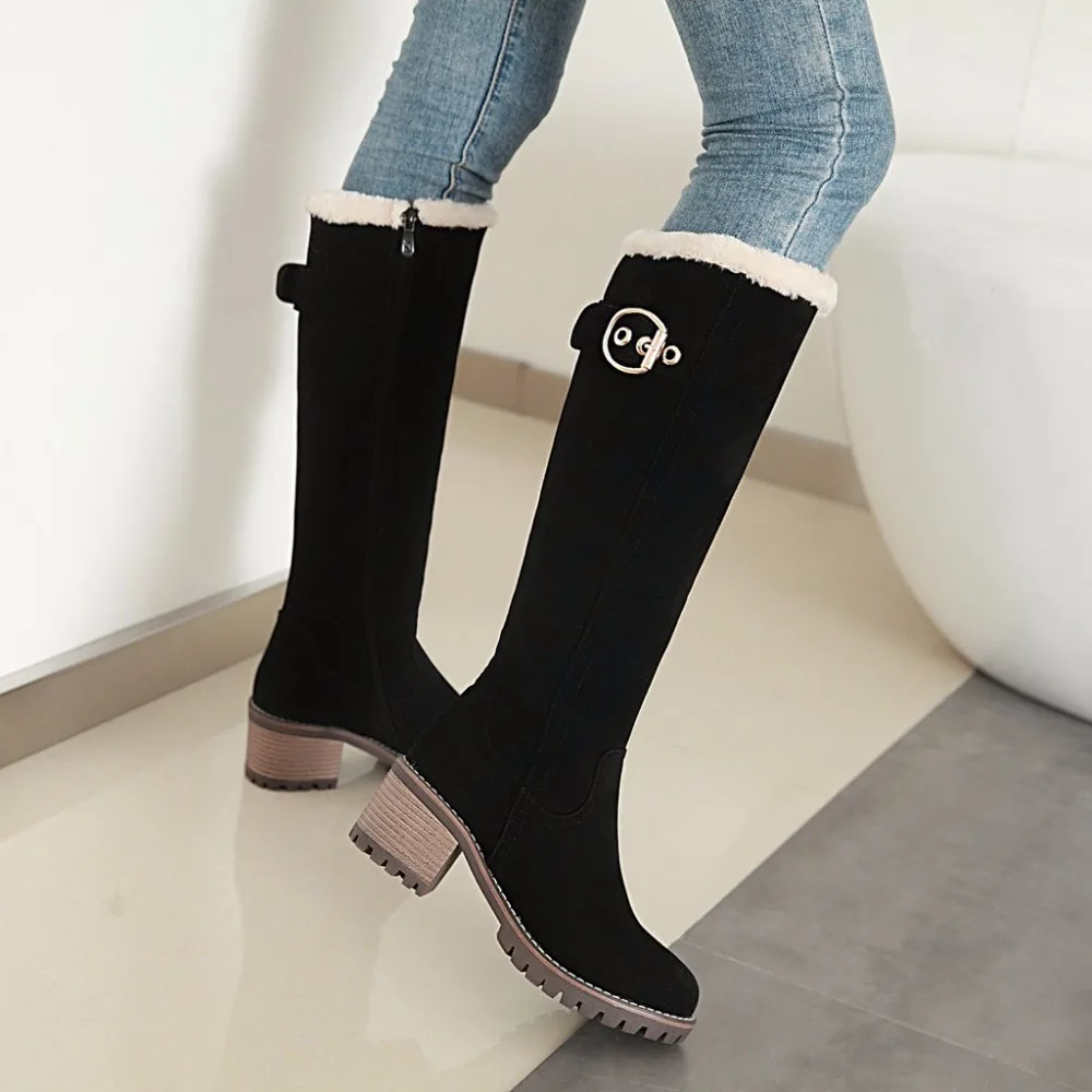 Модные женские сапоги; водонепроницаемые сапоги до колена на высоком квадратном каблуке; теплая зимняя обувь на меху; мотоботы; botas Mujer; m970