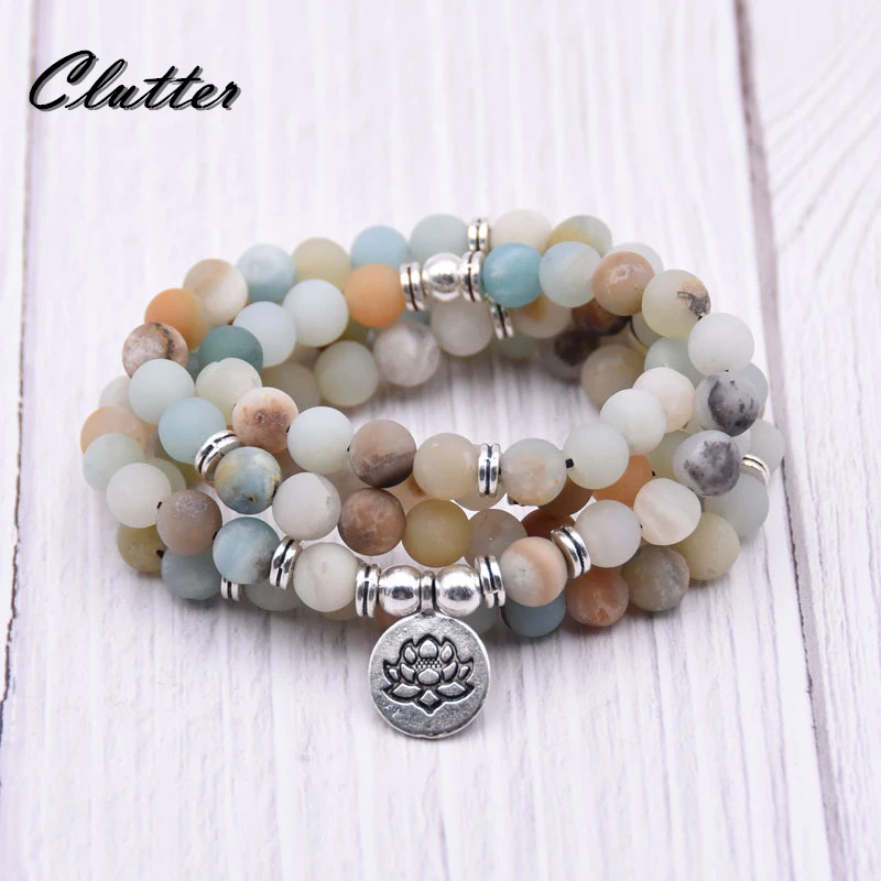 

Fashion Women`s Matte Amazonite 108 Mala Beads Bracelet or Necklace High Quality Lotus Charm New Design Yogi Bracelet