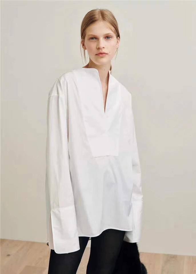 

Women Shirt Wide Cuff Splicing V-neck Poplin Cotton White Shirt