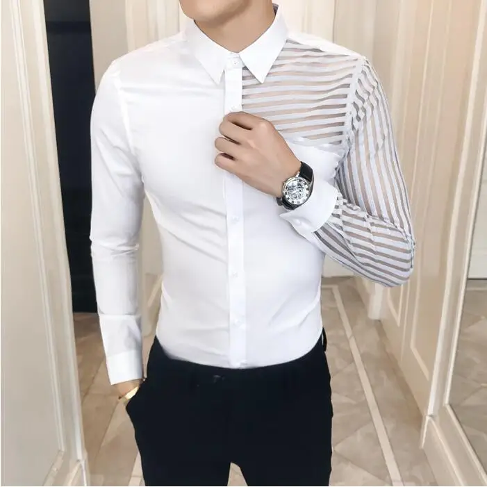 Camisa Masculina See Through Кружева полые мужские рубашки с длинным рукавом Весна Для мужчин s повседневные тонкие рубашки Fit Ночной клуб chemise homme - Цвет: Белый
