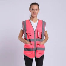 Розовый защитный жилет для женщин Hi Vis жилет со светоотражающими полосками жилет безопасности с карманами и молнией